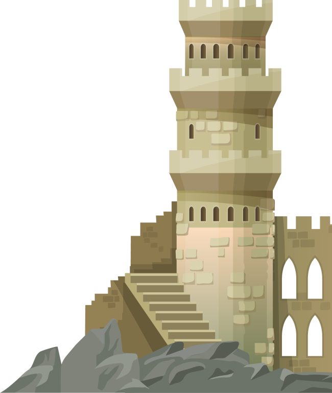 Illustration of a fortified watchtower atop a rocky outcrop.